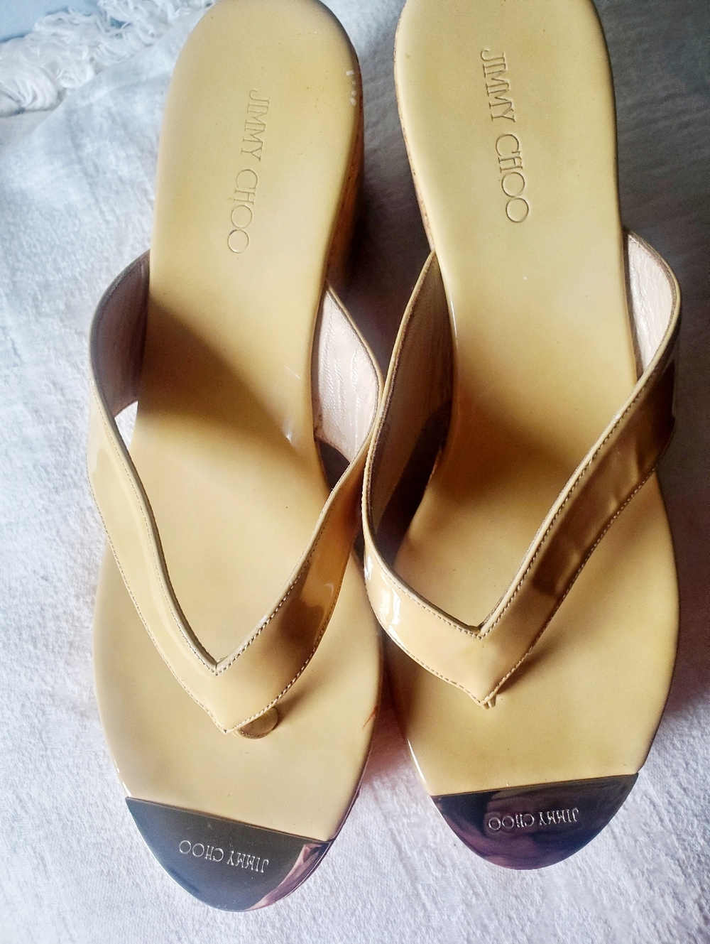 Jimmy Choo Patent Leather Cork Wedge Sandals Yellow Resort Thong Y2K Design 40.5 - Picture 5 of 15